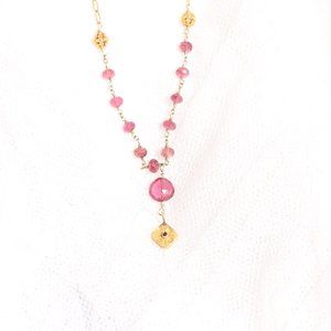 Pink Sapphire Pendant Tourmaline Ruby & Gold Charm Gold Paperclip Chain Necklace